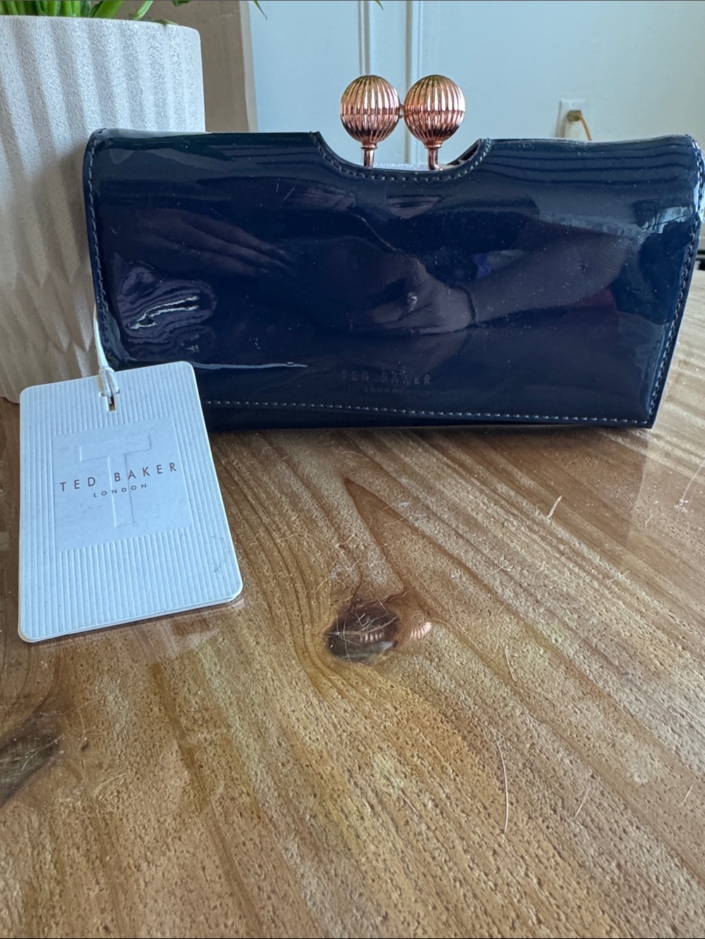 Ted Baker Navy Patent Wallet with Rose-Gold Ball Clasp